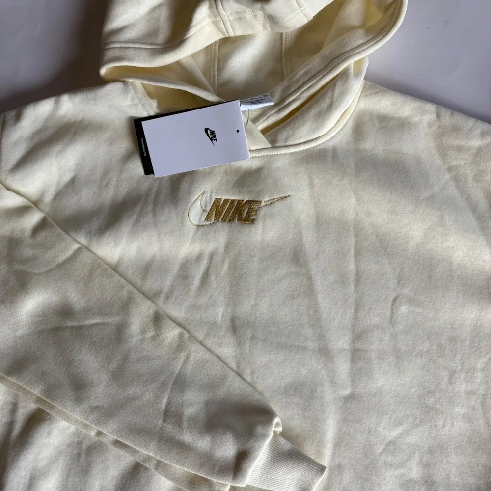 Nike Kids Youth XL Oversized Fit Hoodie Cream Gold Metallic Logo Long Length